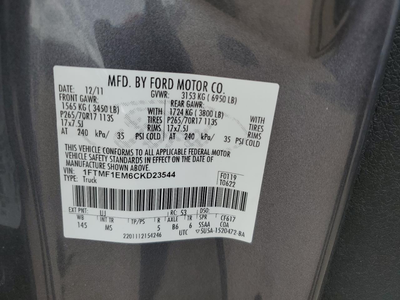 2012 Ford F150 VIN: 1FTMF1EM6CKD23544 Lot: 65740045