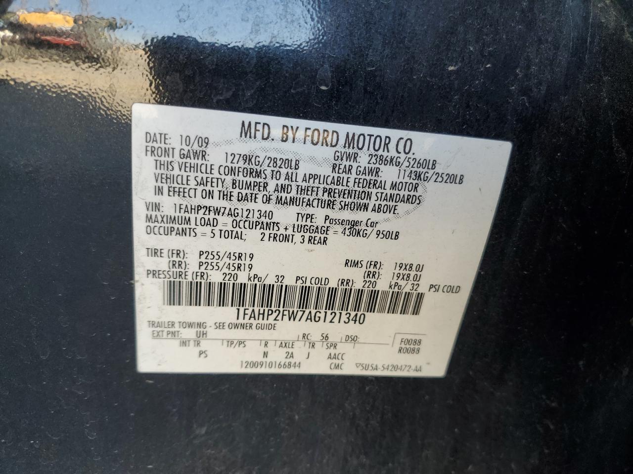 2010 Ford Taurus Limited VIN: 1FAHP2FW7AG121340 Lot: 64750265