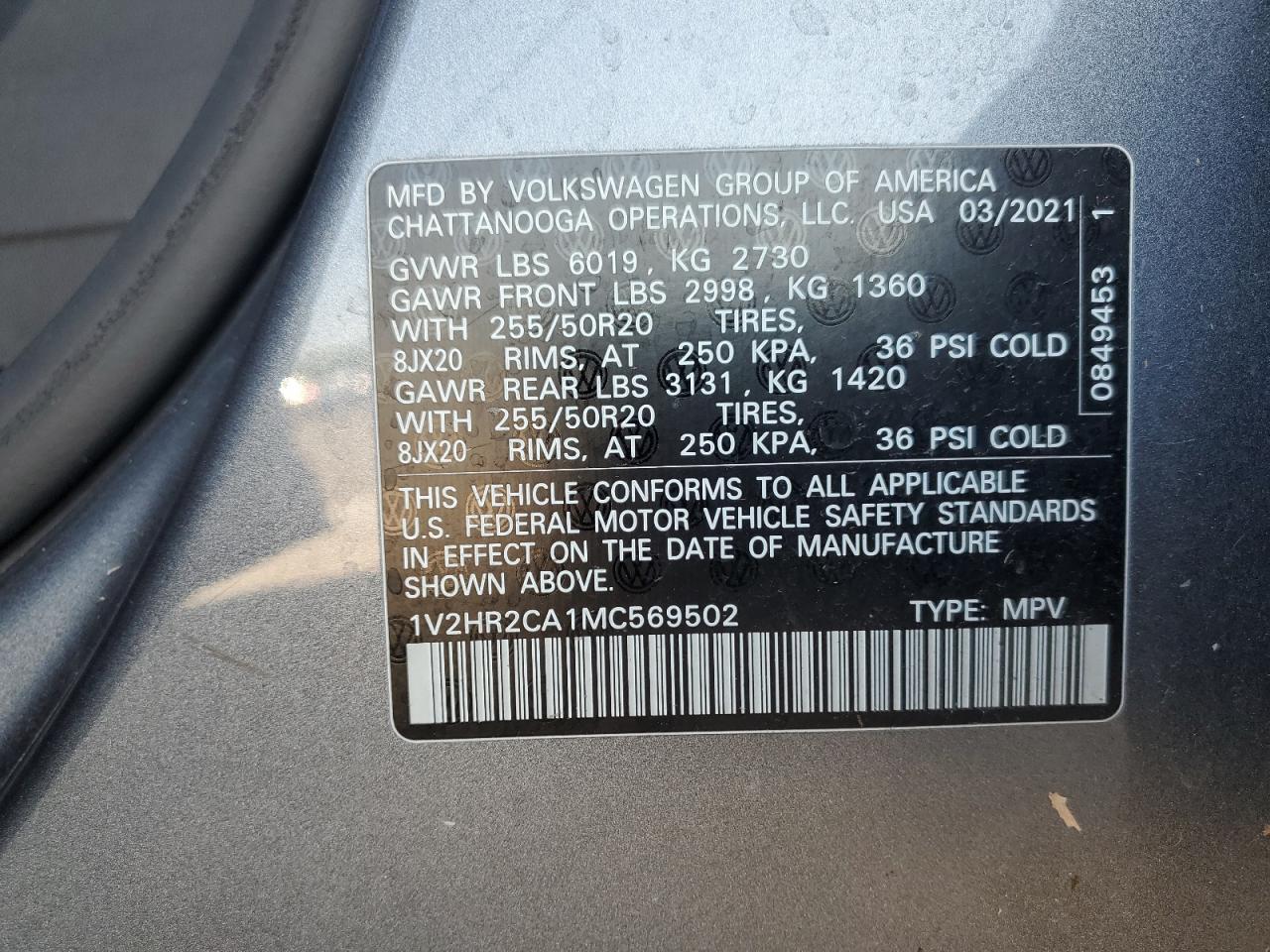 2021 Volkswagen Atlas Se VIN: 1V2HR2CA1MC569502 Lot: 63488565