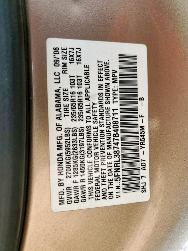 2007 Honda Odyssey Exl VIN: 5FNRL38747B408711 Lot: 63908845