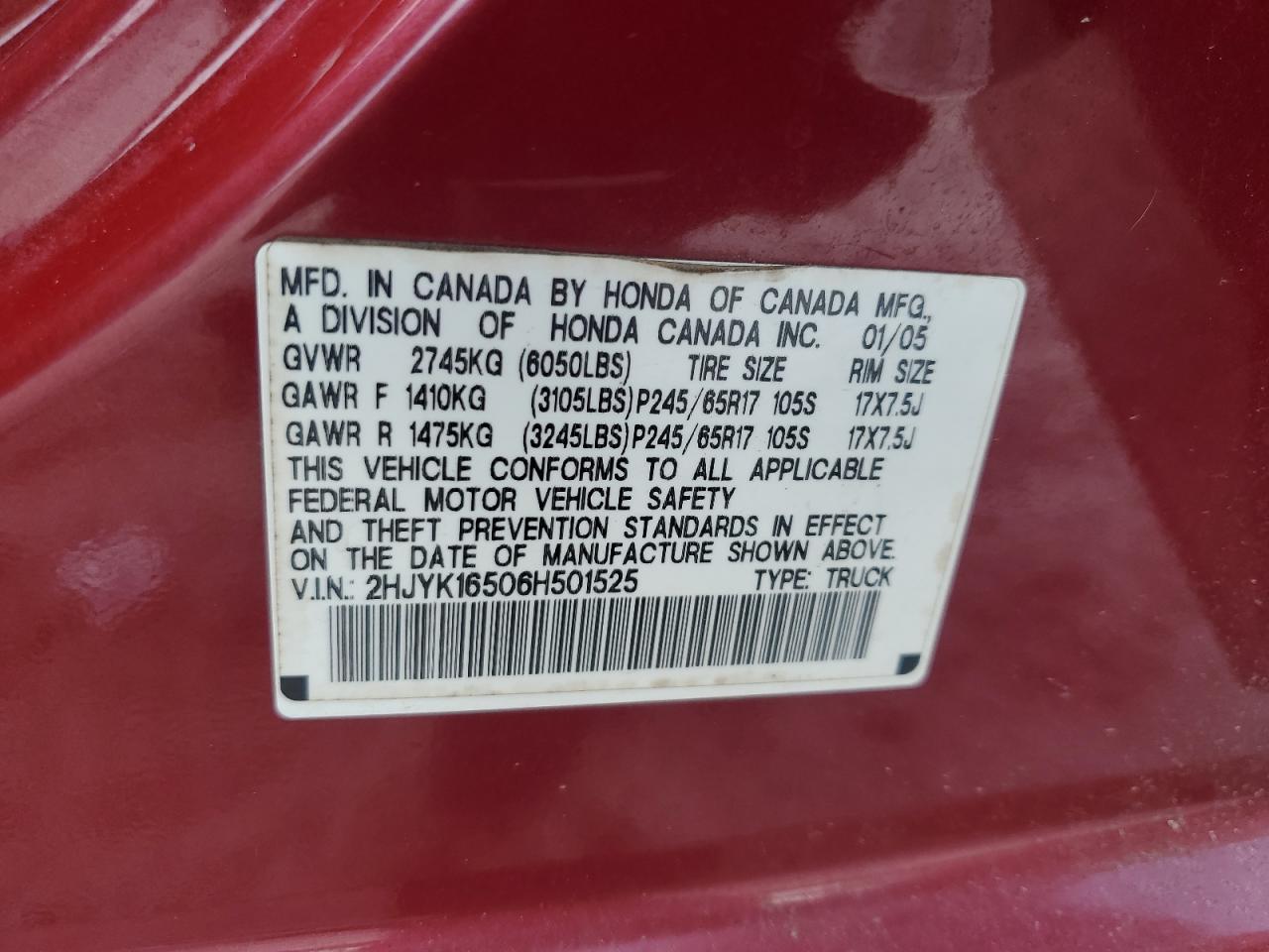 2006 Honda Ridgeline Rtl VIN: 2HJYK16506H501525 Lot: 63294915