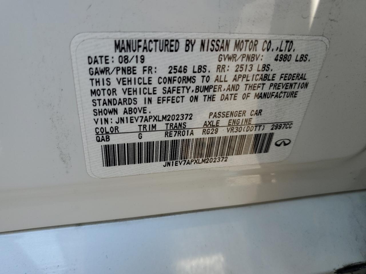 2020 Infiniti Q50 Pure VIN: JN1EV7APXLM202372 Lot: 65206765