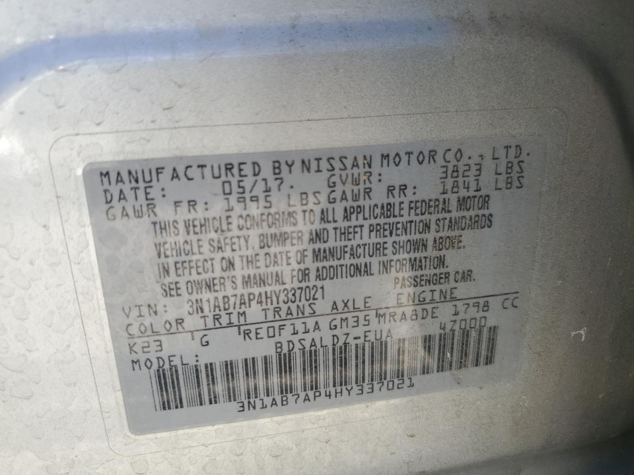 2017 Nissan Sentra S VIN: 3N1AB7AP4HY337021 Lot: 65818395