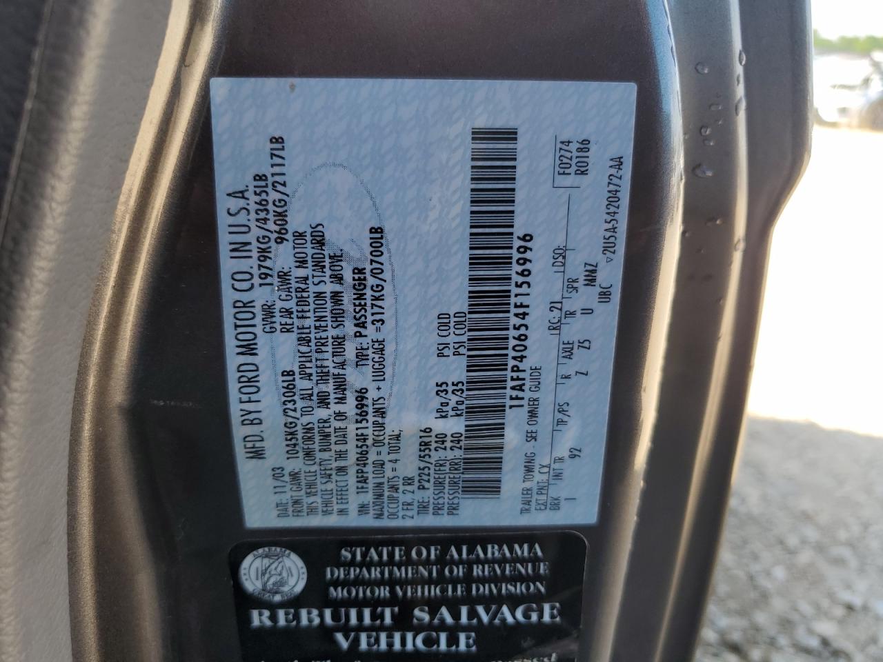 2004 Ford Mustang VIN: 1FAFP40654F156996 Lot: 64380715