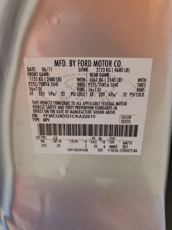 2012 Ford Escape Xlt VIN: 1FMCU9DG1CKA22610 Lot: 63103695