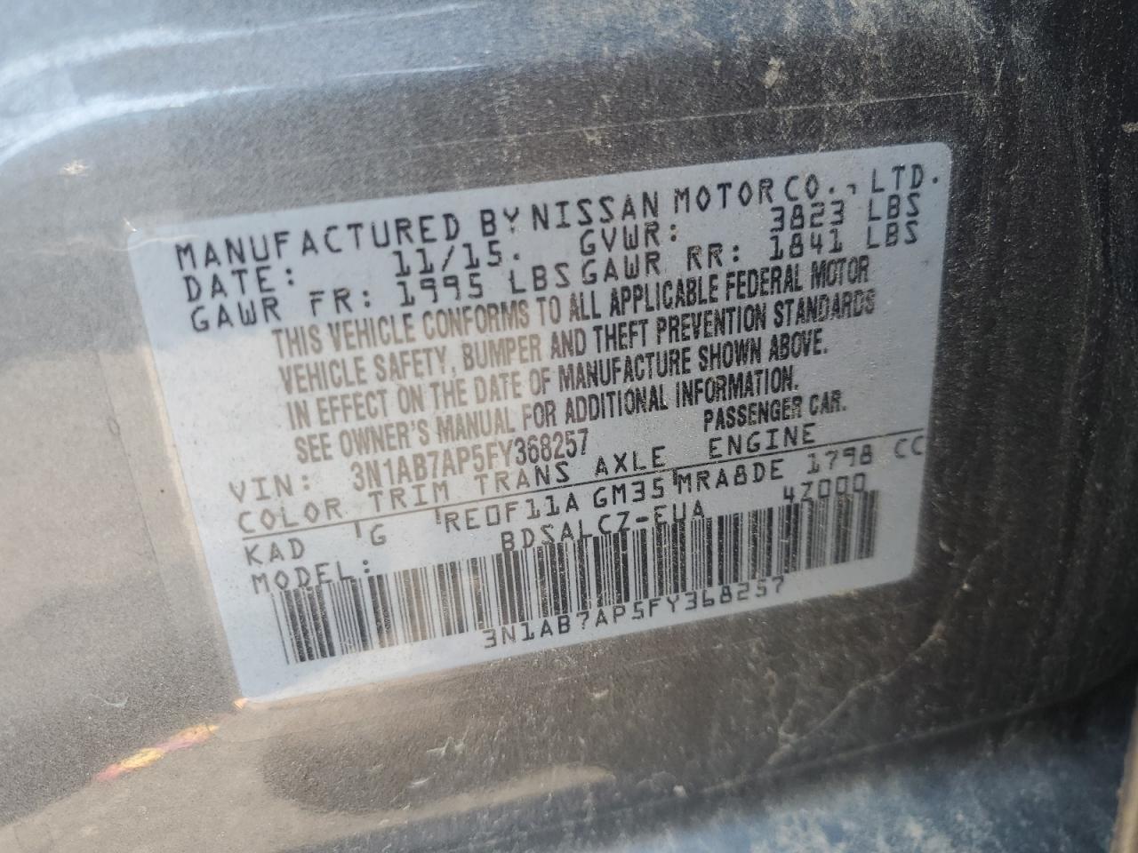 2015 Nissan Sentra S VIN: 3N1AB7AP5FY368257 Lot: 64232585