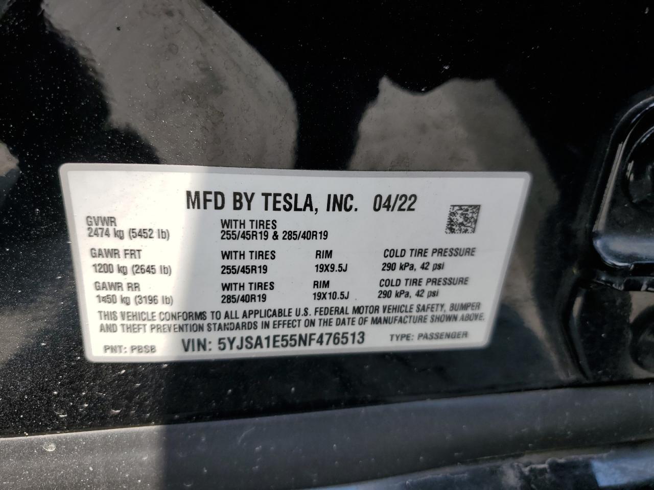 2022 Tesla Model S VIN: 5YJSA1E55NF476513 Lot: 63302215