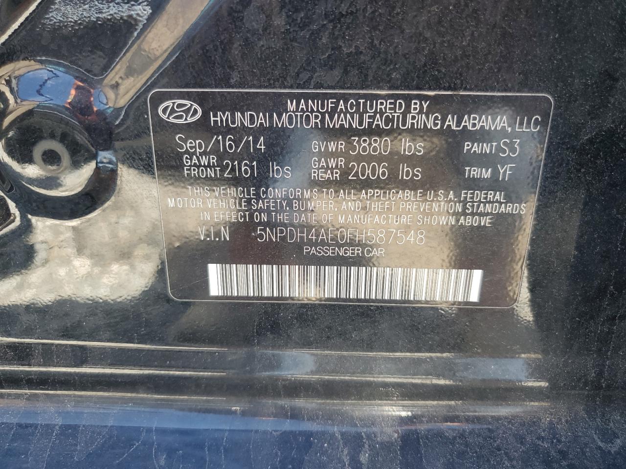 2015 Hyundai Elantra Se VIN: 5NPDH4AE0FH587548 Lot: 65337135