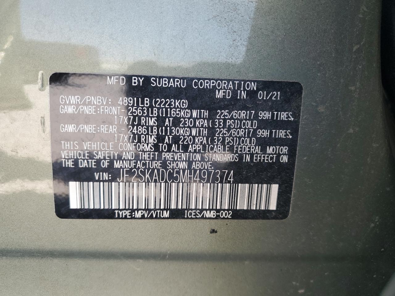 2021 Subaru Forester VIN: JF2SKADC5MH497374 Lot: 64146205