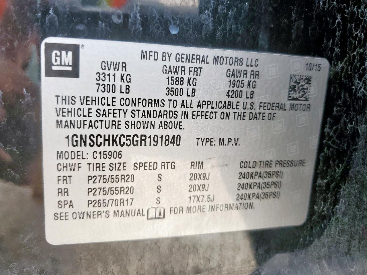 2016 Chevrolet Suburban C1500 Lt VIN: 1GNSCHKC5GR191840 Lot: 64646235