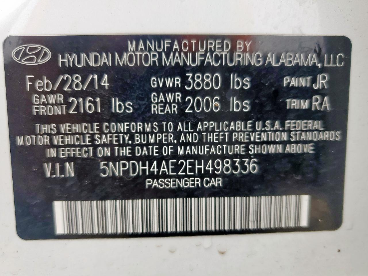 2014 Hyundai Elantra Se VIN: 5NPDH4AE2EH498336 Lot: 63390445