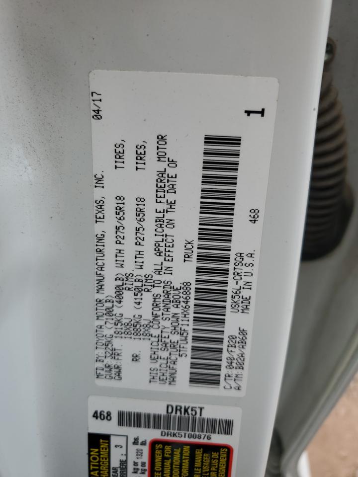2017 Toyota Tundra Double Cab Sr VIN: 5TFUW5F11HX646888 Lot: 65094705