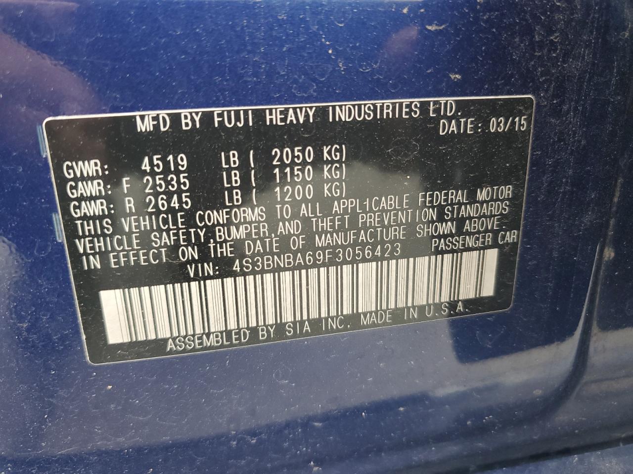 2015 Subaru Legacy 2.5I VIN: 4S3BNBA69F3056423 Lot: 64676905