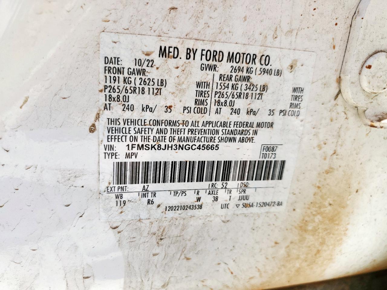 2022 Ford Explorer Timberline VIN: 1FMSK8JH3NGC45665 Lot: 63825715