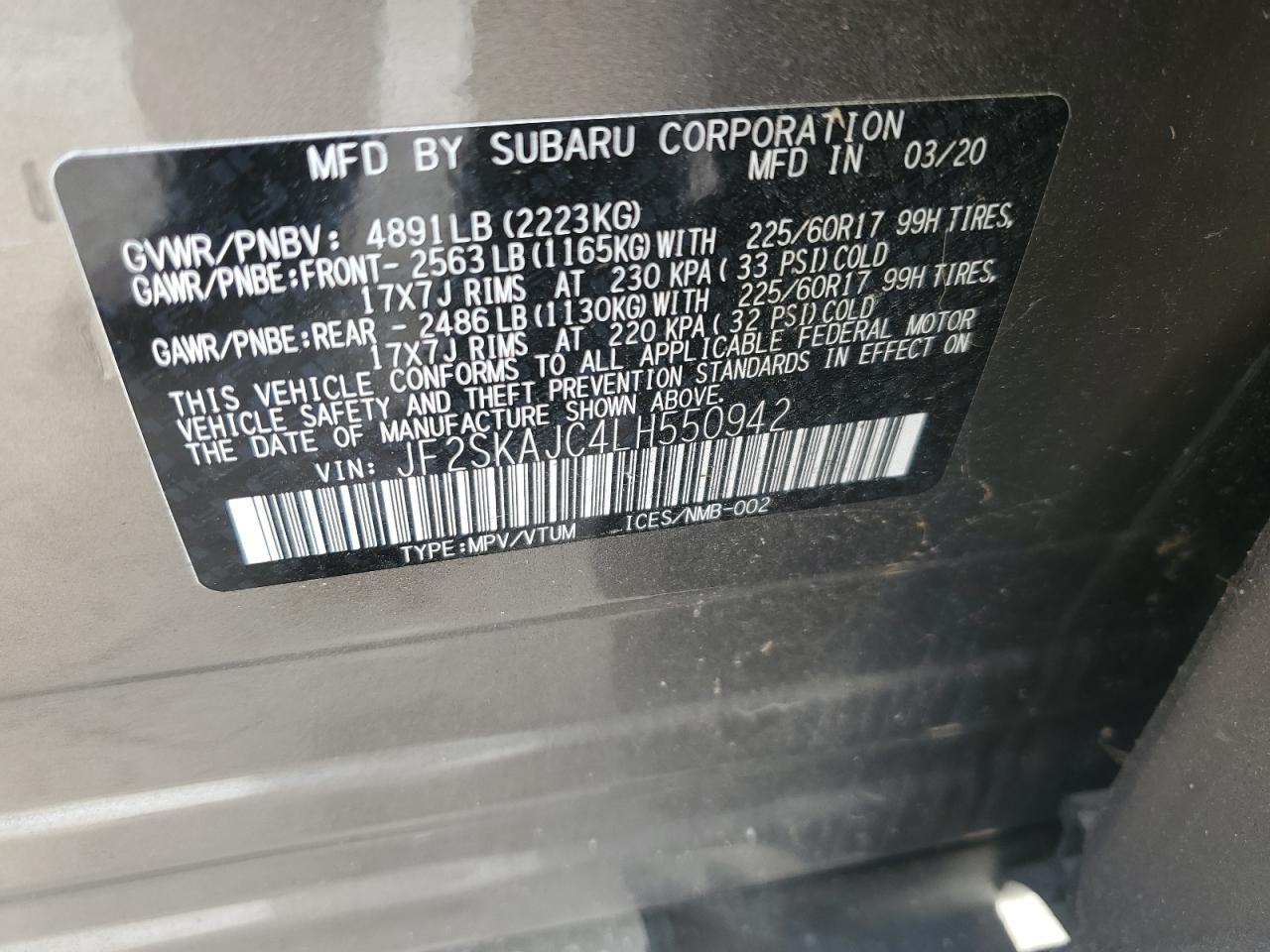 2020 Subaru Forester Premium VIN: JF2SKAJC4LH550942 Lot: 64255945