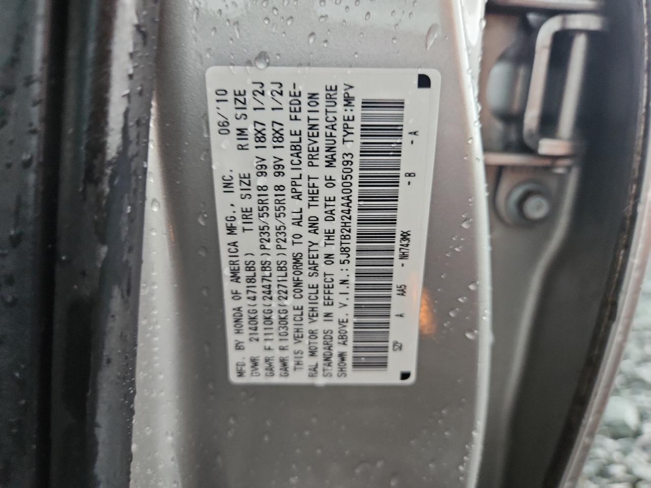 2010 Acura Rdx VIN: 5J8TB2H24AA005093 Lot: 65034955
