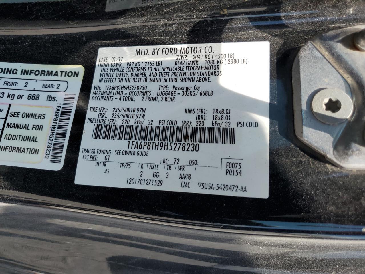 2017 Ford Mustang VIN: 1FA6P8TH9H5278230 Lot: 65681135