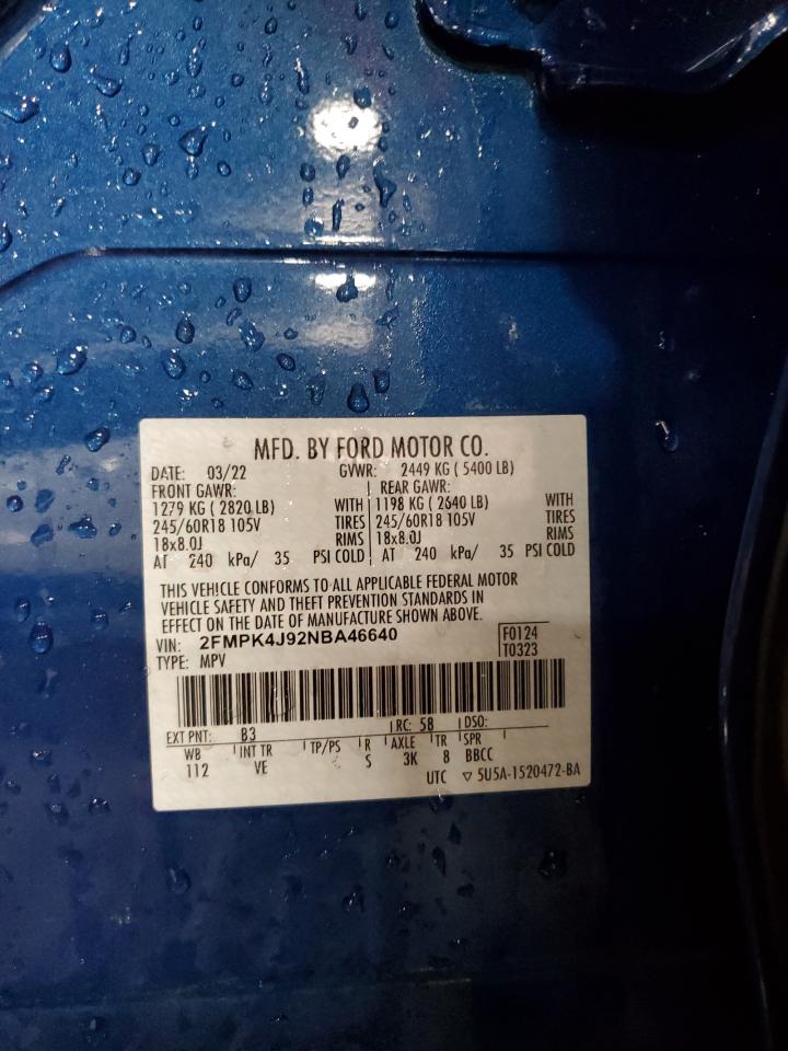 2022 Ford Edge Sel VIN: 2FMPK4J92NBA46640 Lot: 64498155