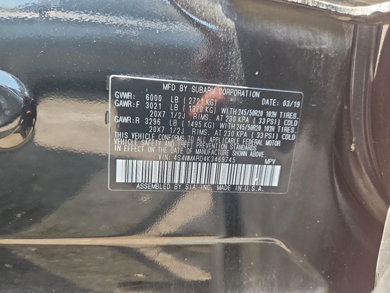 2019 Subaru Ascent Touring VIN: 4S4WMARD4K3469745 Lot: 66112305