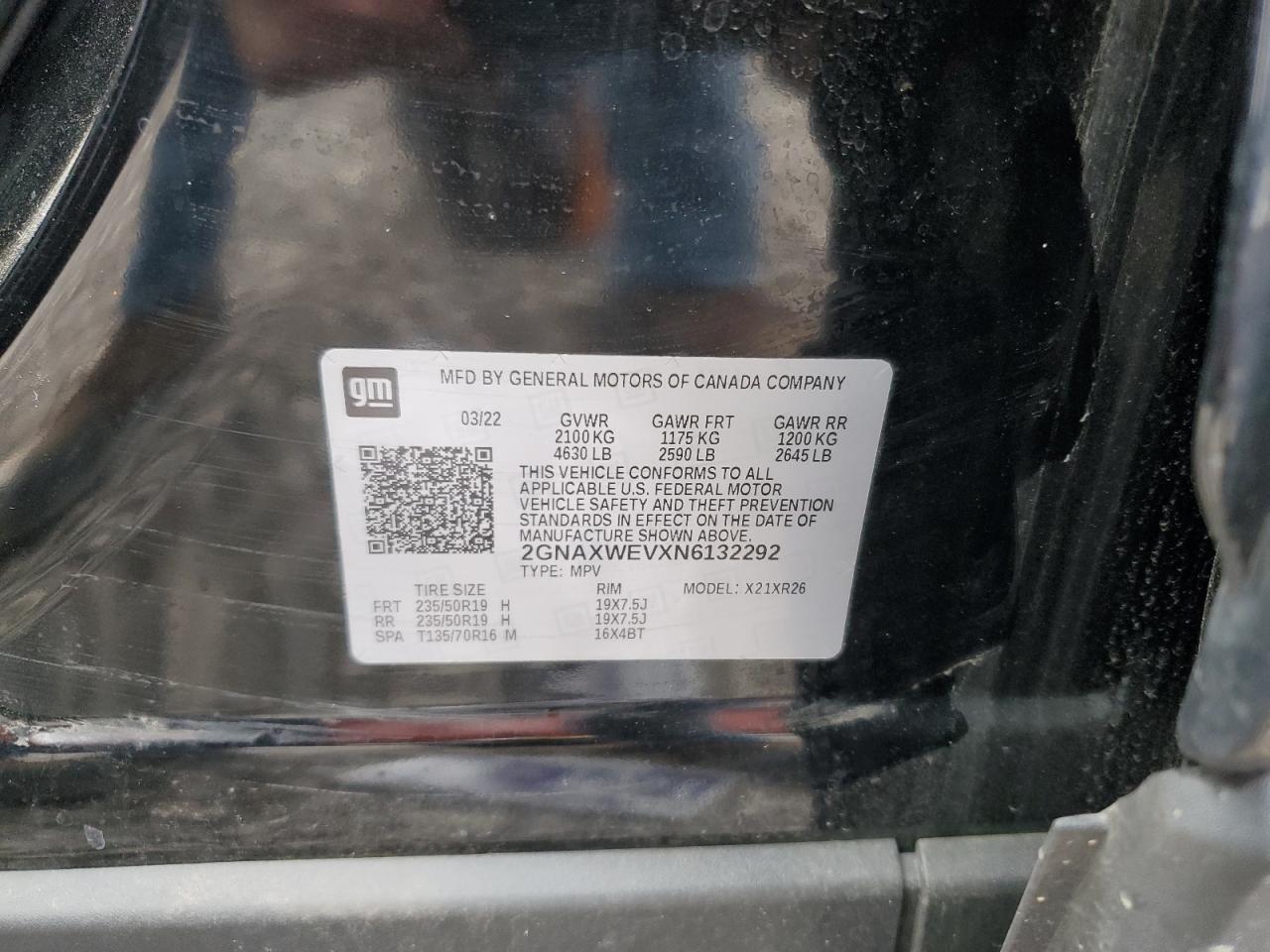 2022 Chevrolet Equinox Rs VIN: 2GNAXWEVXN6132292 Lot: 65136585