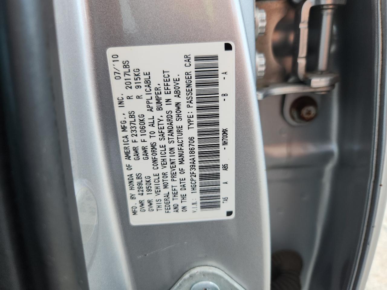 2010 Honda Accord Lx VIN: 1HGCP2F39AA186706 Lot: 63826245