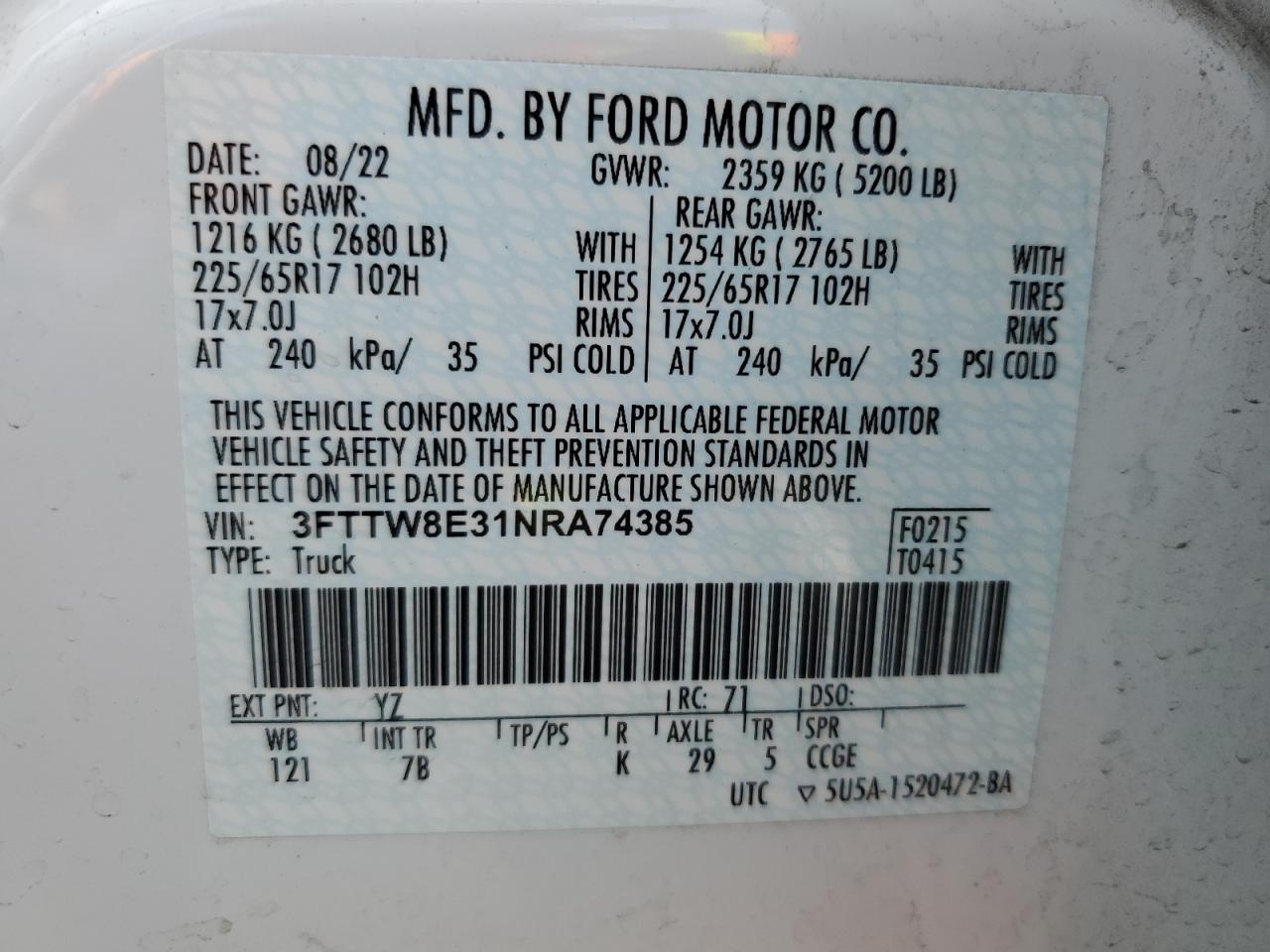 2022 Ford Maverick Xl VIN: 3FTTW8E31NRA74385 Lot: 65477785