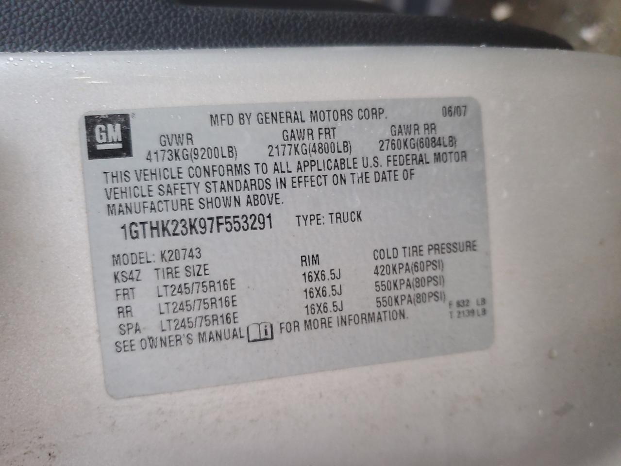 2007 GMC Sierra K2500 Heavy Duty VIN: 1GTHK23K97F553291 Lot: 64955015