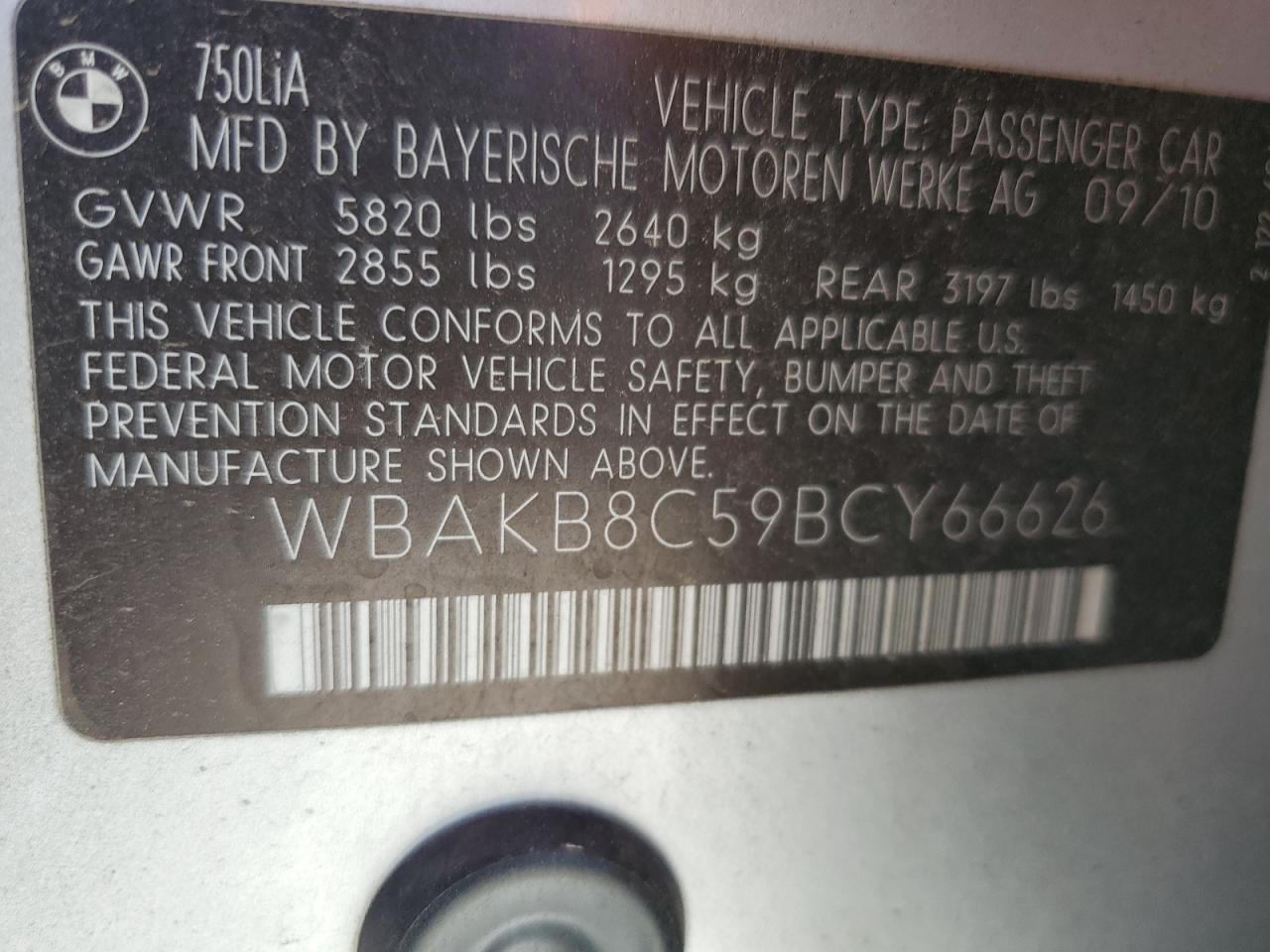 2011 BMW 750 Li VIN: WBAKB8C59BCY66626 Lot: 65088295