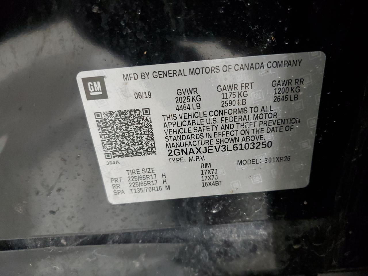 2020 Chevrolet Equinox Lt VIN: 2GNAXJEV3L6103250 Lot: 65374755