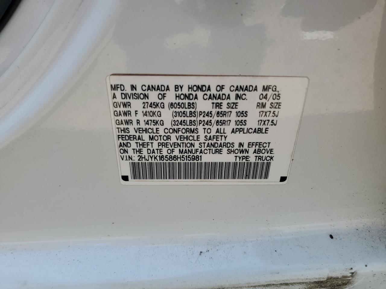 2006 Honda Ridgeline Rtl VIN: 2HJYK16586H515981 Lot: 63221305