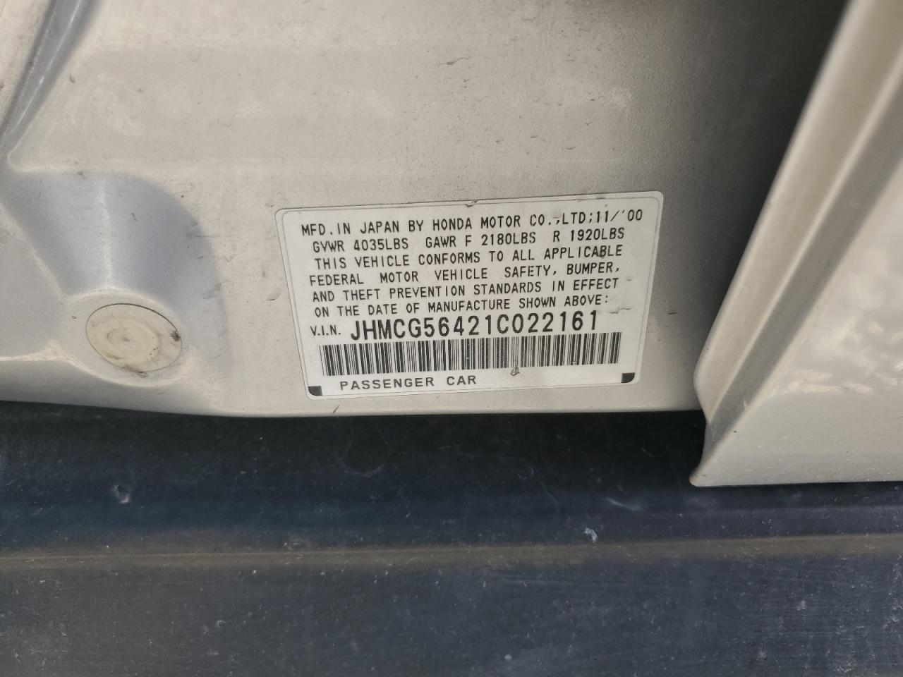 2001 Honda Accord Lx VIN: JHMCG56421C022161 Lot: 63573965