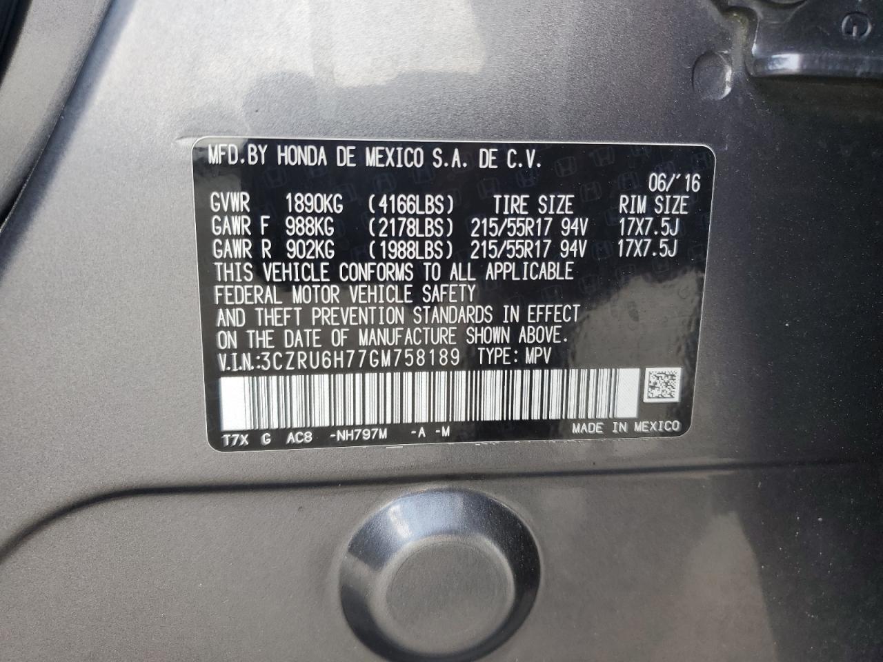 2016 Honda Hr-V Exl VIN: 3CZRU6H77GM758189 Lot: 64881715
