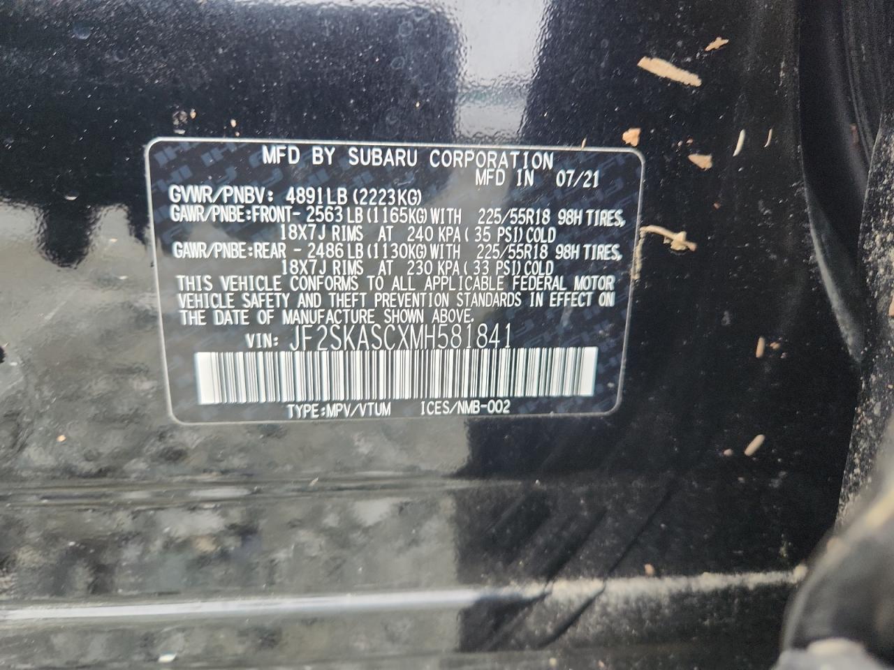 2021 Subaru Forester Limited VIN: JF2SKASCXMH581841 Lot: 64006655