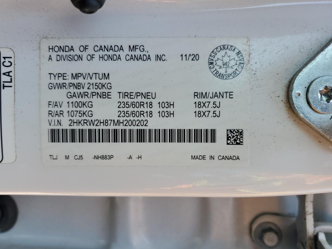 2021 Honda Cr-V Exl VIN: 2HKRW2H87MH200202 Lot: 63133735