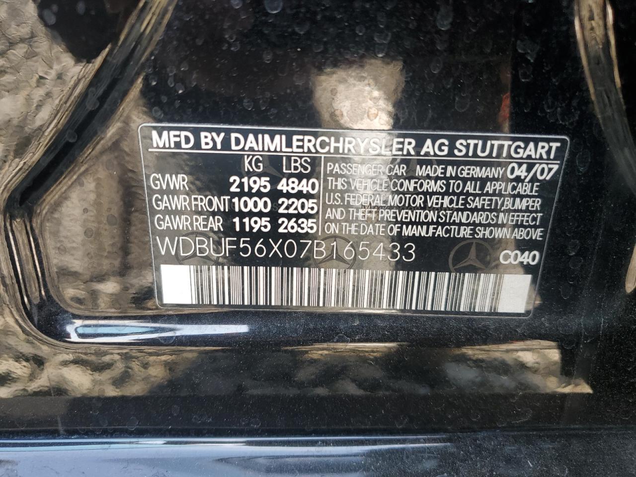 2007 Mercedes-Benz E 350 VIN: WDBUF56X07B165433 Lot: 64475085