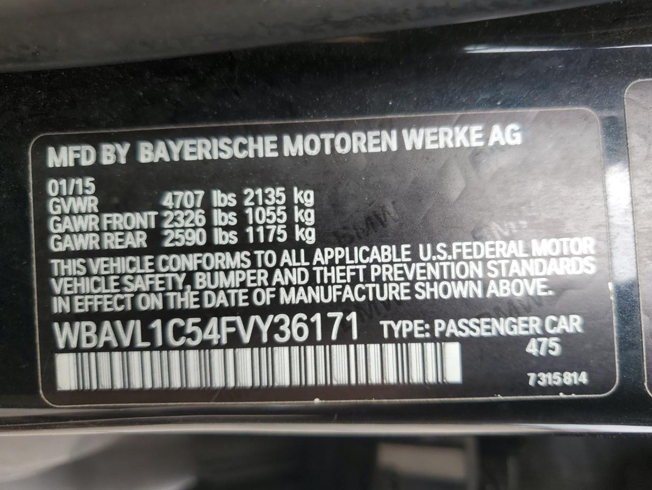 2015 BMW X1 xDrive28I VIN: WBAVL1C54FVY36171 Lot: 64368625