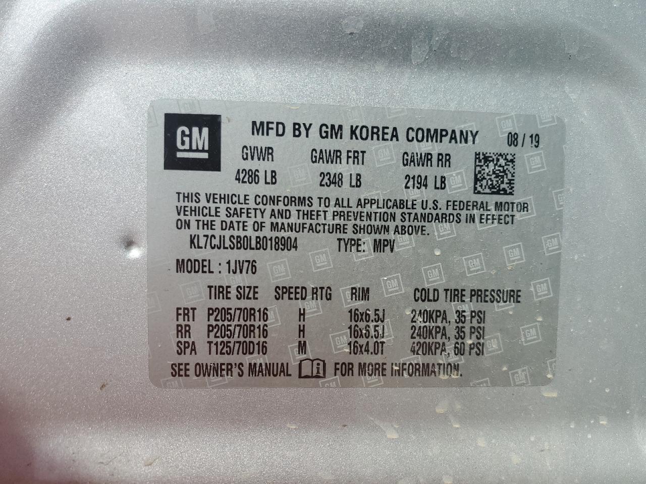 2020 Chevrolet Trax 1Lt VIN: KL7CJLSB0LB018904 Lot: 64957925