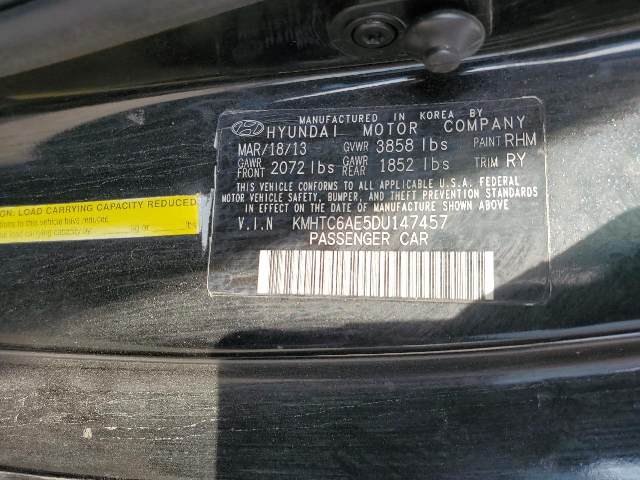 2013 Hyundai Veloster Turbo VIN: KMHTC6AE5DU147457 Lot: 65047405