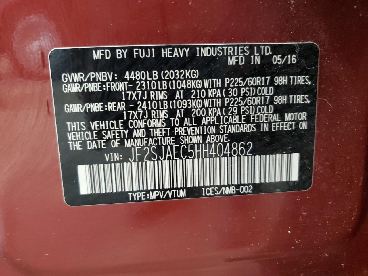 2017 Subaru Forester 2.5I Premium VIN: JF2SJAEC5HH404862 Lot: 63441105