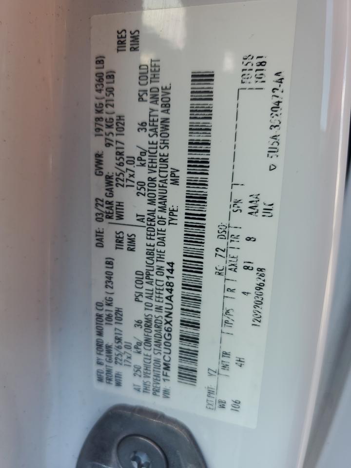 2022 Ford Escape Se VIN: 1FMCU0G6XNUA48144 Lot: 64050275