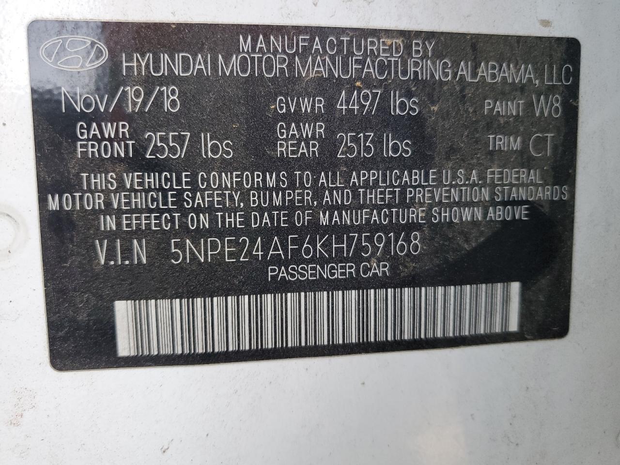 2019 Hyundai Sonata Se VIN: 5NPE24AF6KH759168 Lot: 64134775