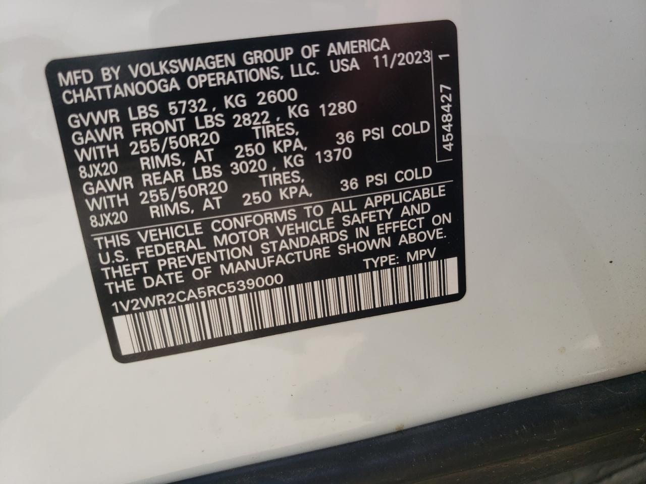 2024 Volkswagen Atlas Se VIN: 1V2WR2CA5RC539000 Lot: 64652245