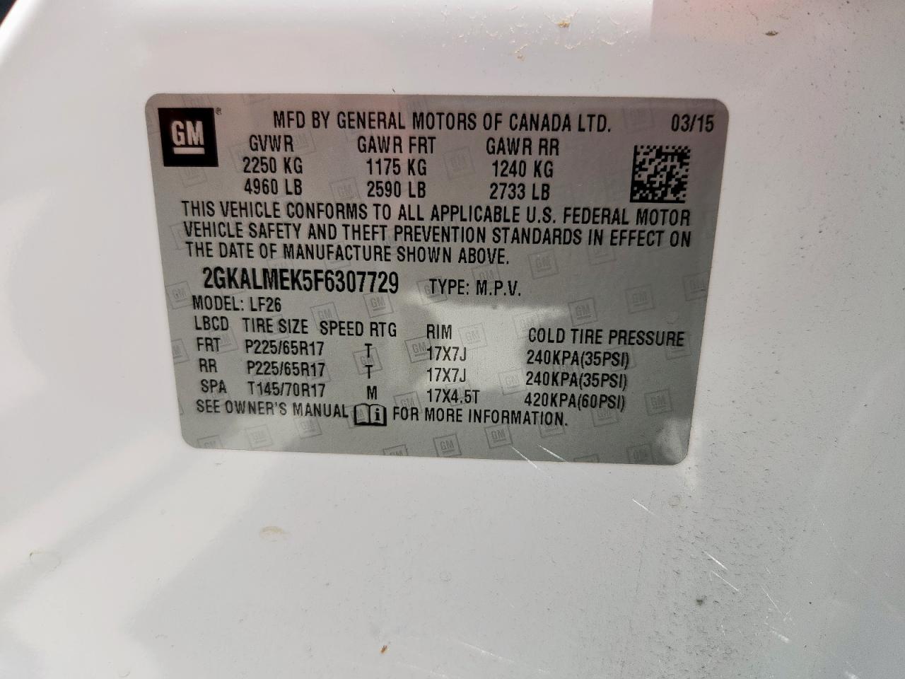 2015 GMC Terrain Sle VIN: 2GKALMEK5F6307729 Lot: 64831225