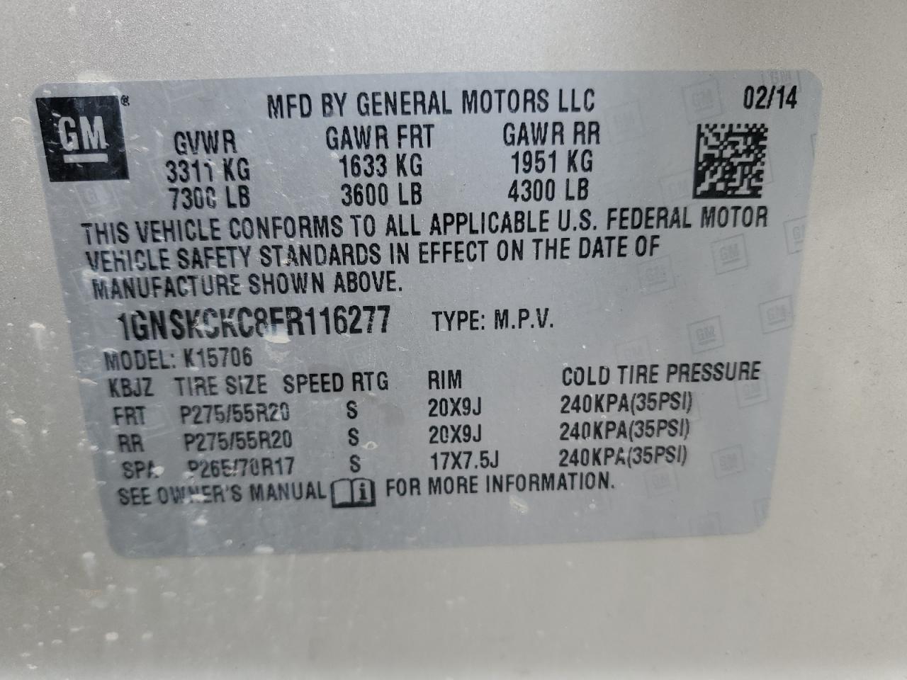 2015 Chevrolet Tahoe K1500 Ltz VIN: 1GNSKCKC8FR116277 Lot: 65038505
