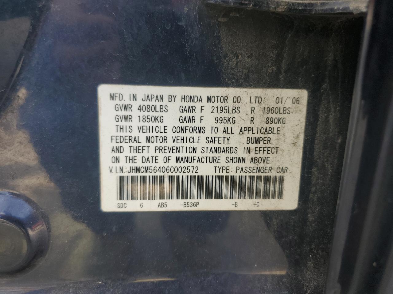 2006 Honda Accord Lx VIN: JHMCM56406C002572 Lot: 65417995