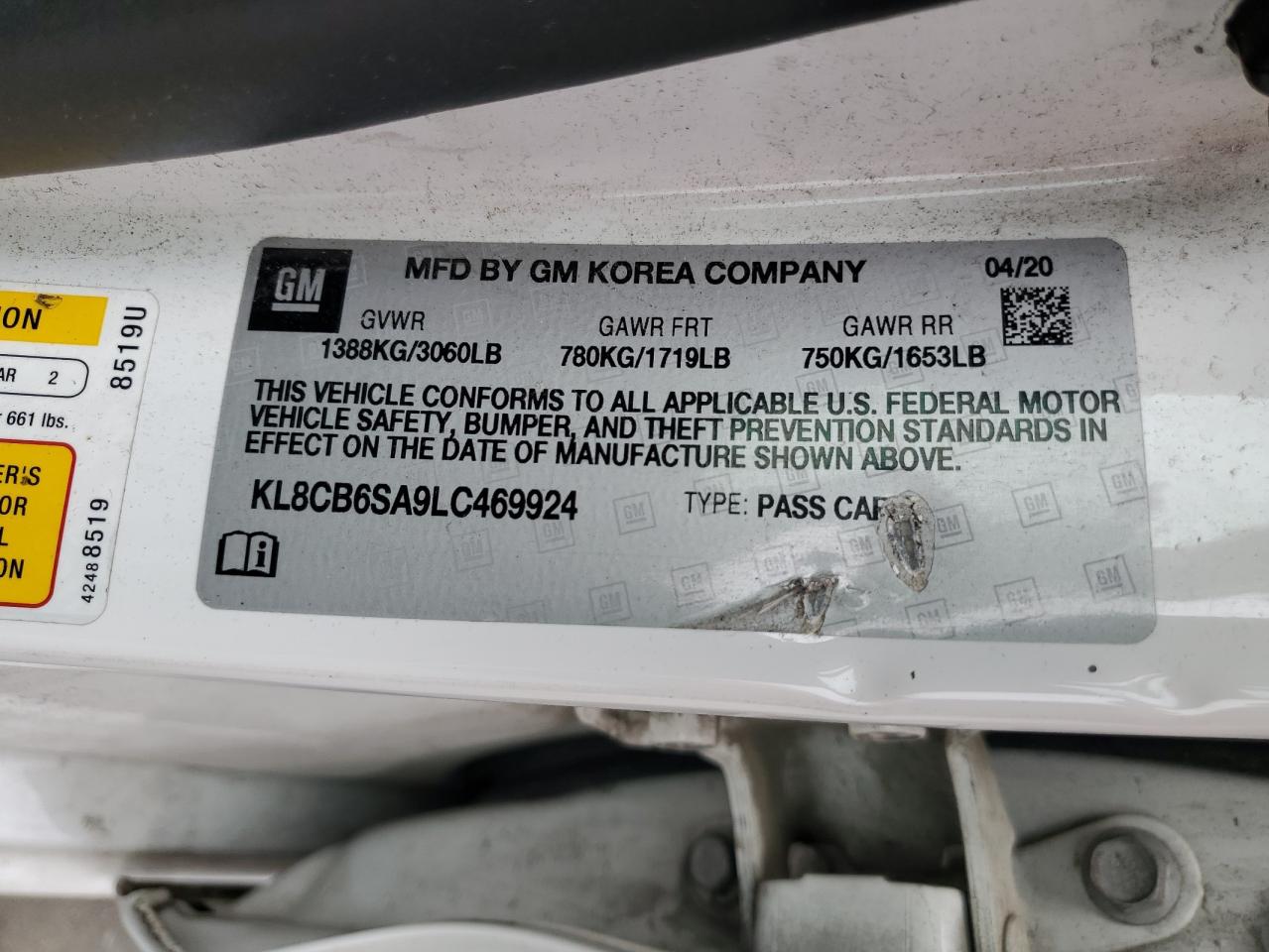 2020 Chevrolet Spark Ls VIN: KL8CB6SA9LC469924 Lot: 64288835