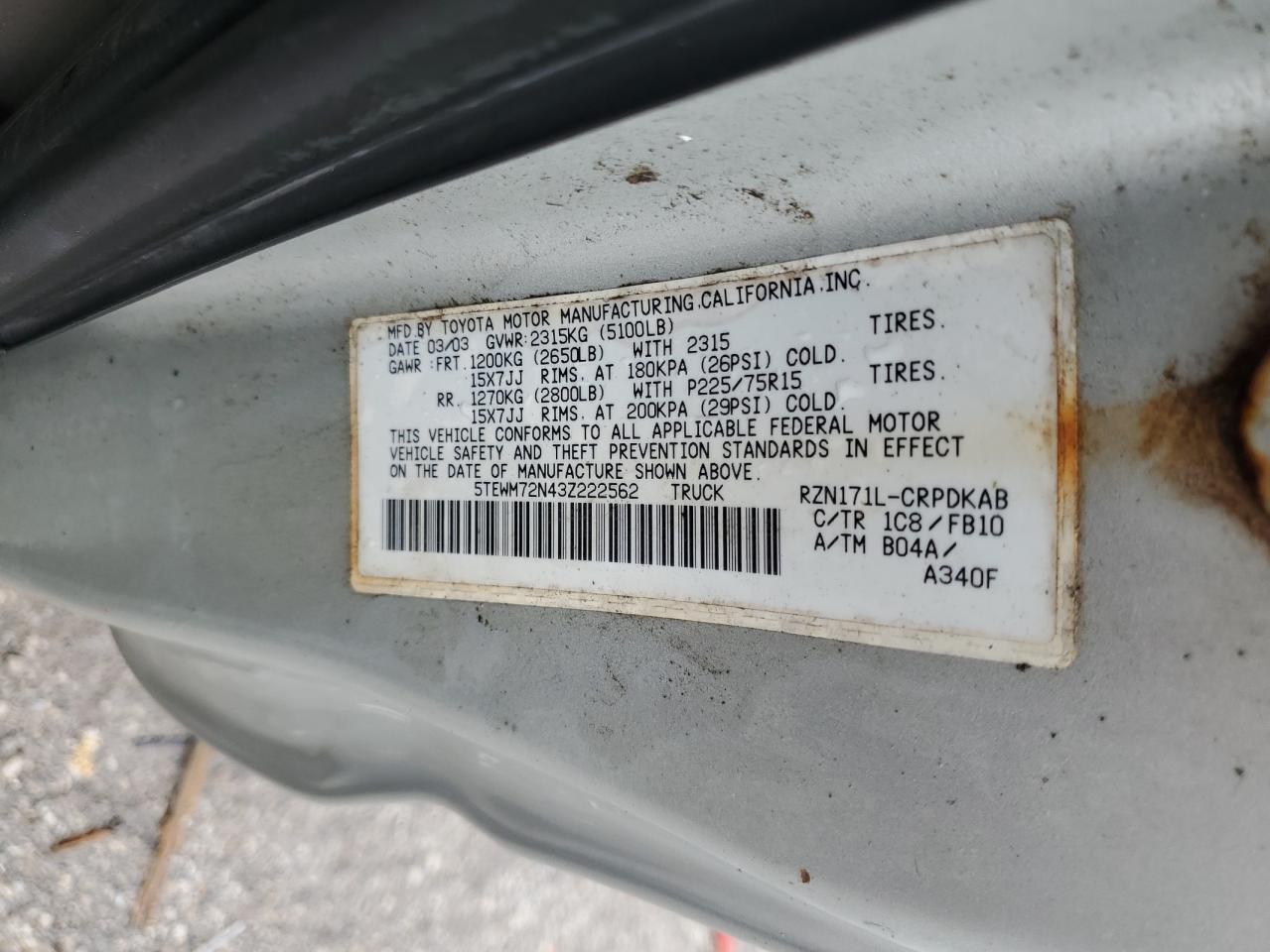 2003 Toyota Tacoma Xtracab VIN: 5TEWM72N43Z222562 Lot: 65452405