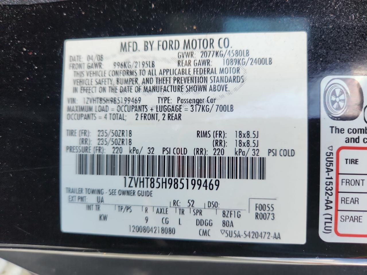 2008 Ford Mustang Gt VIN: 1ZVHT85H985199469 Lot: 65331555