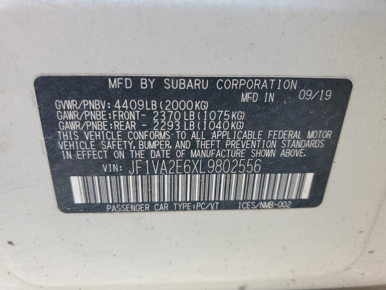 2020 Subaru Wrx Sti VIN: JF1VA2E6XL9802556 Lot: 63736925