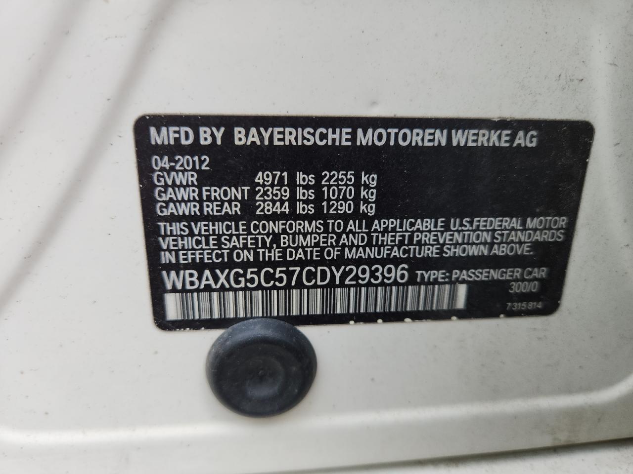 2012 BMW 528 I VIN: WBAXG5C57CDY29396 Lot: 65410395